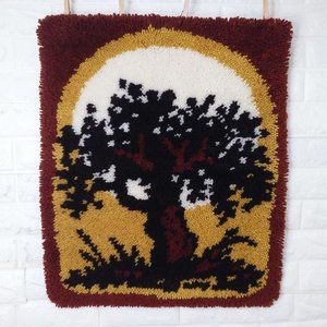 Latch Hook Rug Oak Tree Scene Vintage 70s Quality Handmade Finished Wall Hanging